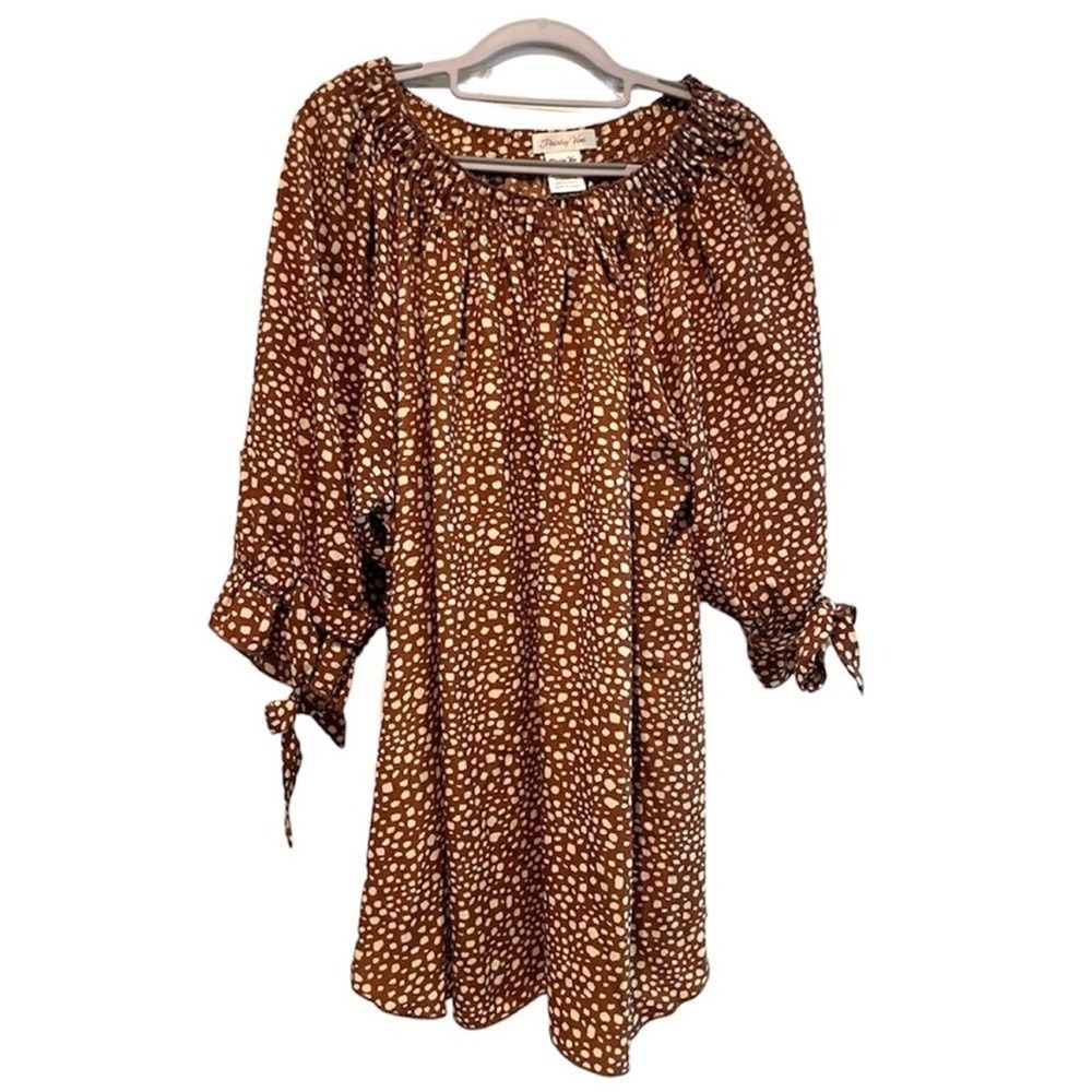 Paisley Vine Tunic Top Brown Boho Smocked Neck Tie Cuff Polka Dot Womens Large